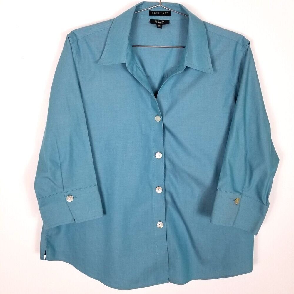 Foxcroft Women Plus Pandora Non-Iron Tunic Shirt‎ Sz 18W Blue Button Up Office